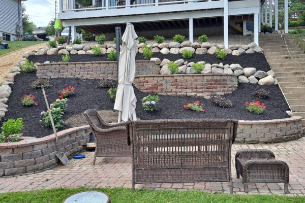 Terraced backyard landscape with mulched flower beds